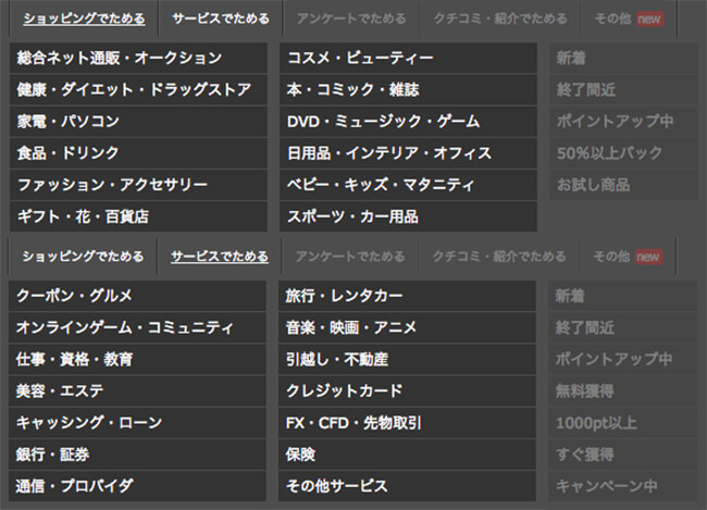 ハピタスは案件ジャンルが豊富