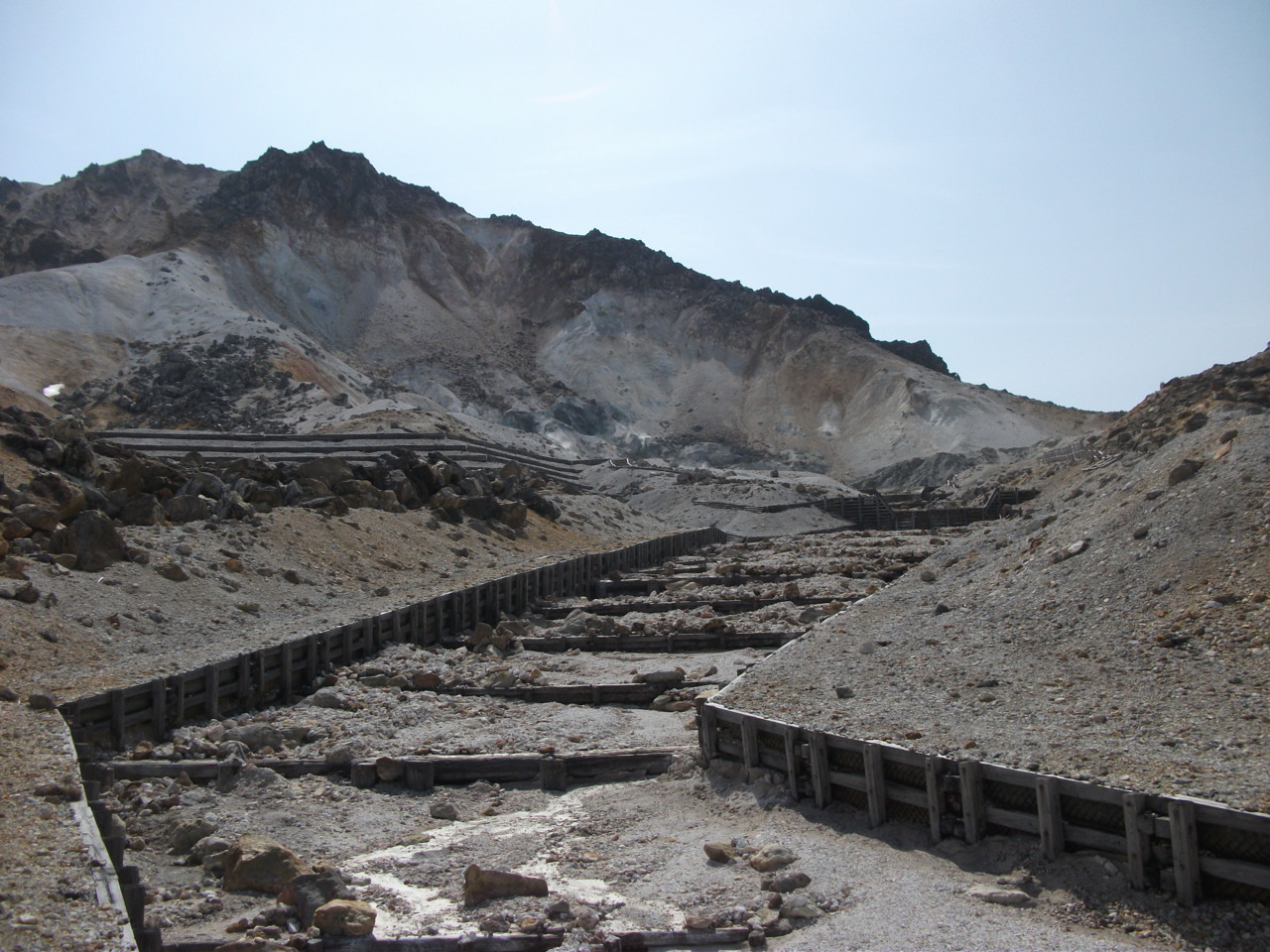  荒野を走る砂防ダムの列