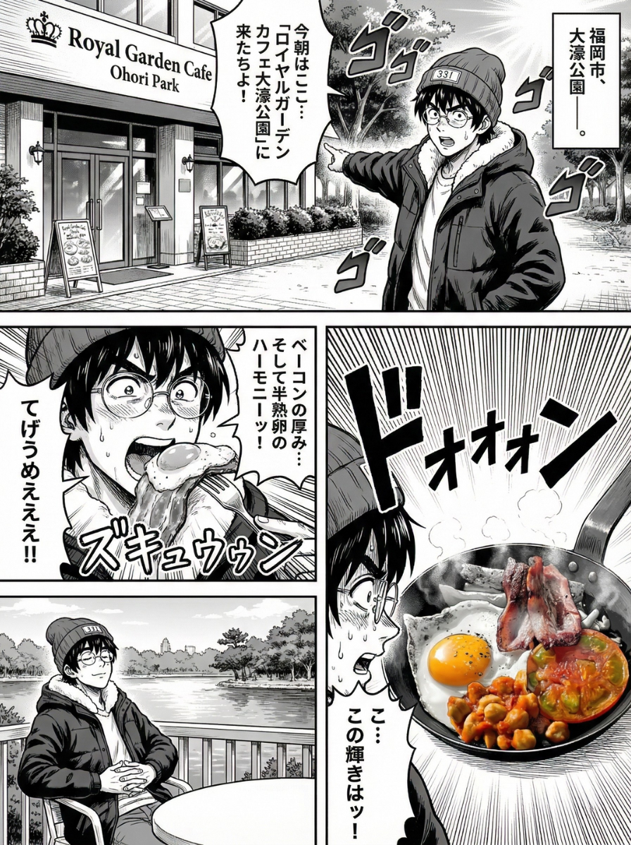 近所のカフェでのモーニングセット（トーストとコーヒー）を紹介する4コマ風AI漫画