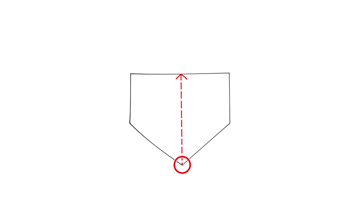 ホームベース先端赤丸から上に線を引く指示イラスト