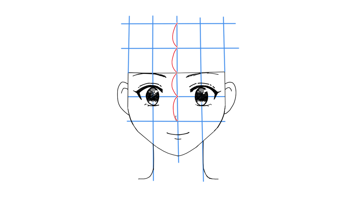 頭を描くためにマス目を描き足したイラスト