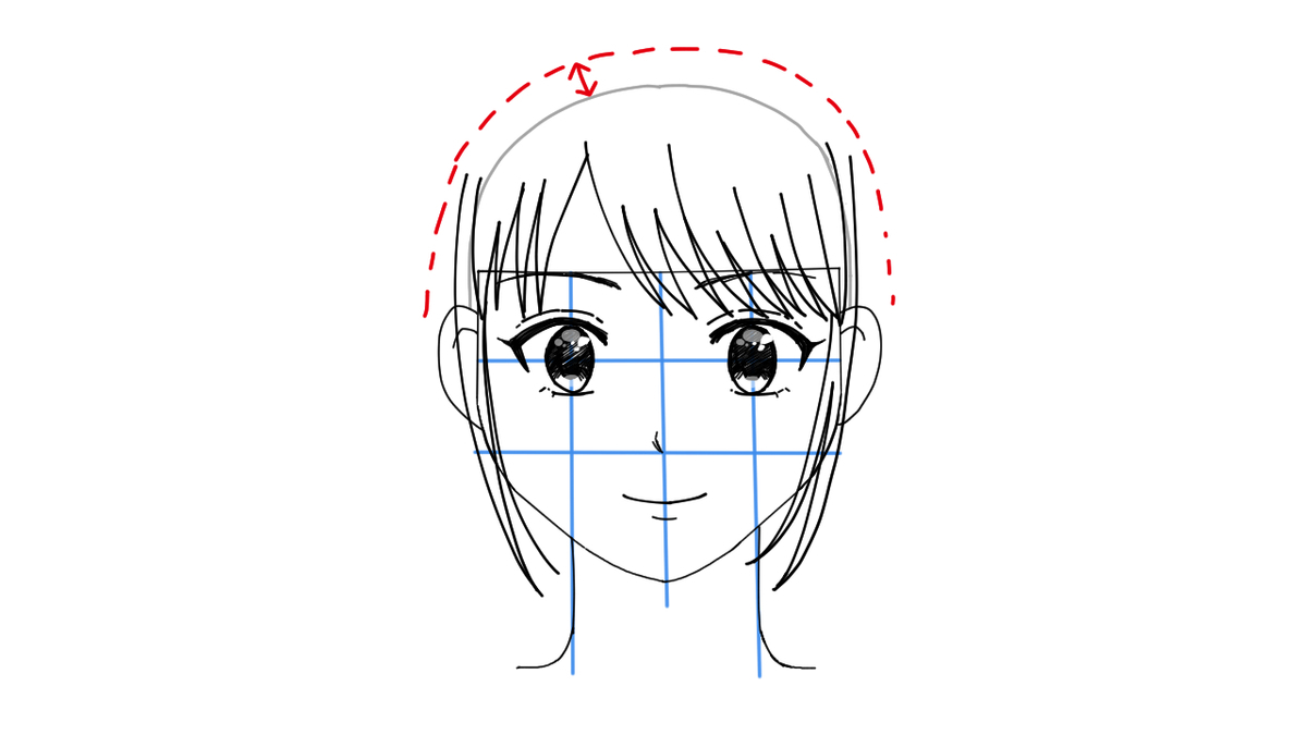 髪を描く位置を点線で示したイラスト