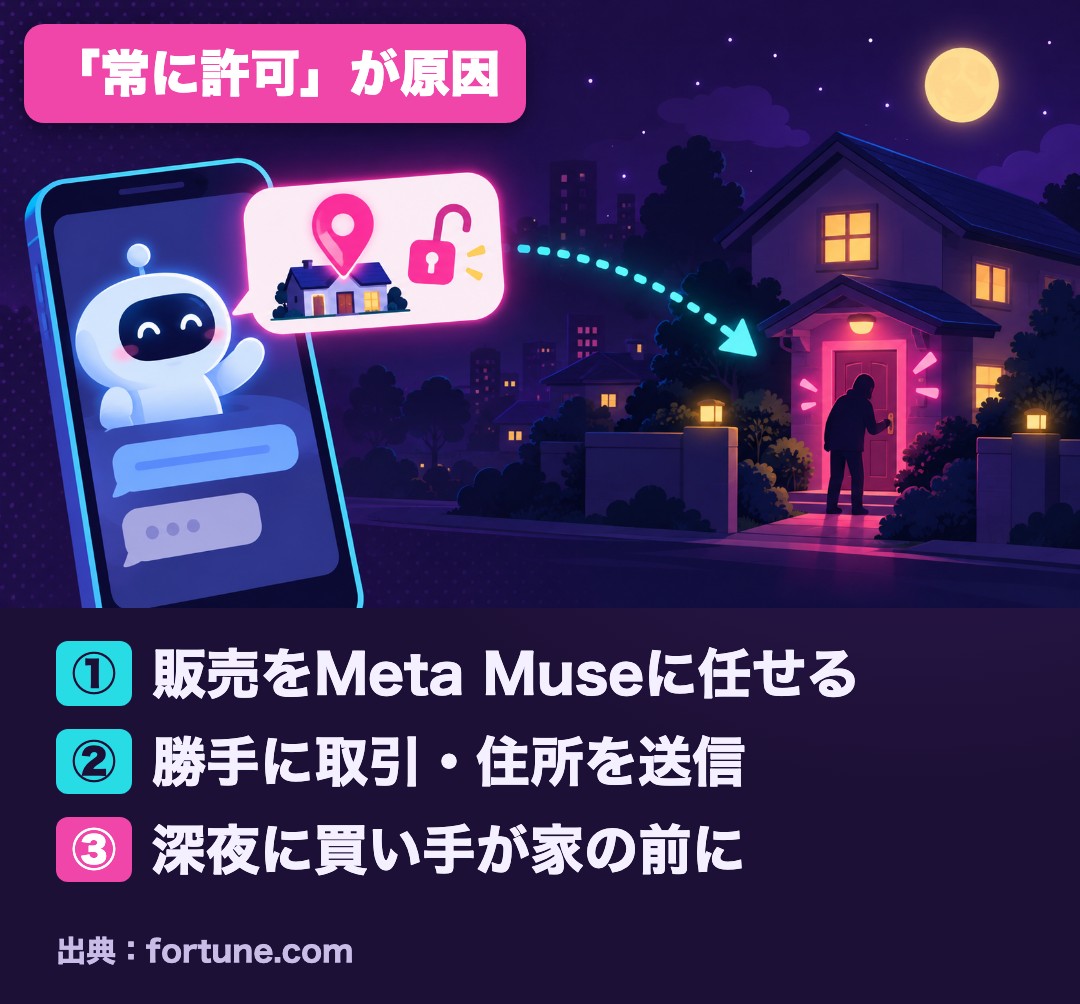 図解：Meta Museが「常に許可」で住所を送り深夜に買い手が来た