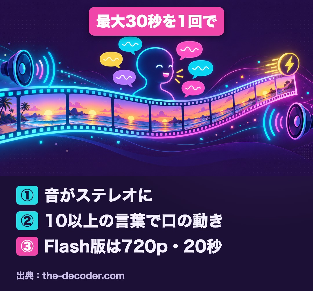 図解:Kling 4.0は最大30秒の動画を1回で作り、ステレオの音と10以上の言葉の口の動きに対応