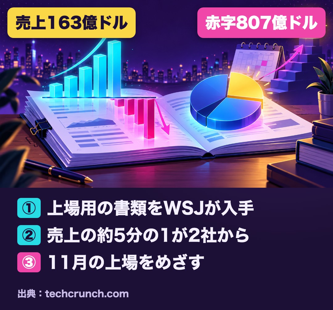 図解:Anthropicの上場用の書類で、売上163億ドル・赤字807億ドル・売上の約5分の1が2社から