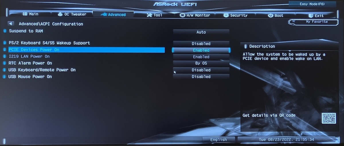 Advancedタブ→ACPI Configurationの画面