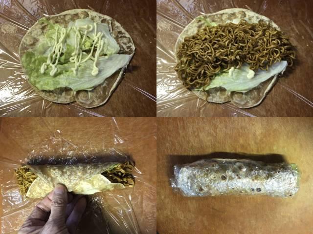 写真:ラップで「チャパティ」とレタス、焼そばを巻く