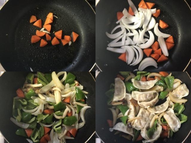 写真:野菜を炒めて餃子を加える