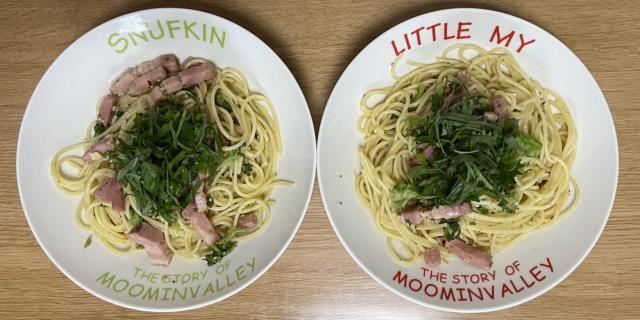 写真:「ブロッコリーとベーコンのスパゲティ」の完成