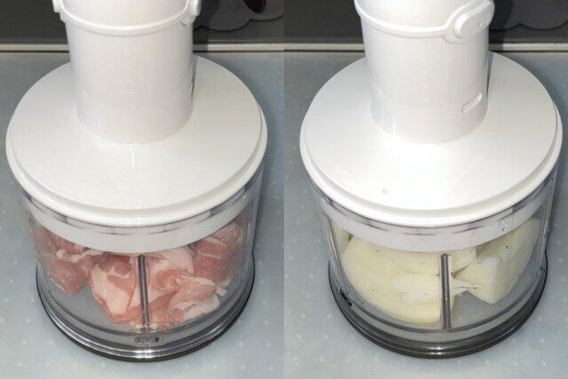 写真:豚肉と玉ねぎの処理