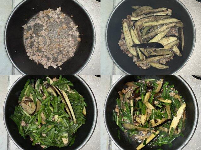 写真:「茄子とニラのそぼろ炒め」を作る