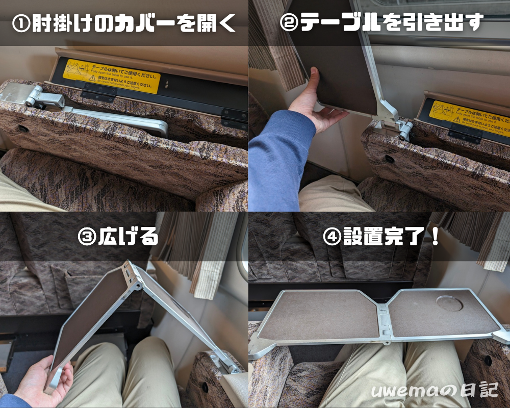 特急きのさき号グリーン車テーブルの使用方法