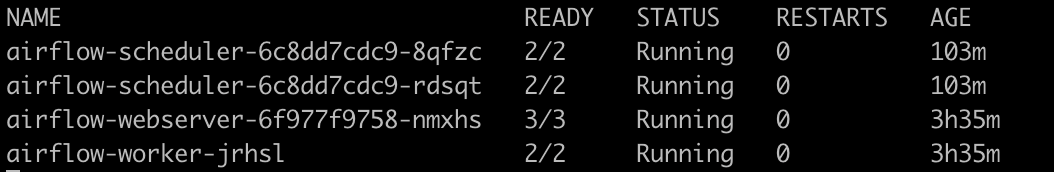 kubectl get po --all-namespaces airflow-schedulerが2つ起動していることを確認