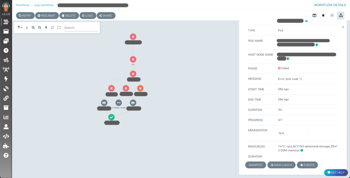 Argo Workflows failed Workflow details screen
