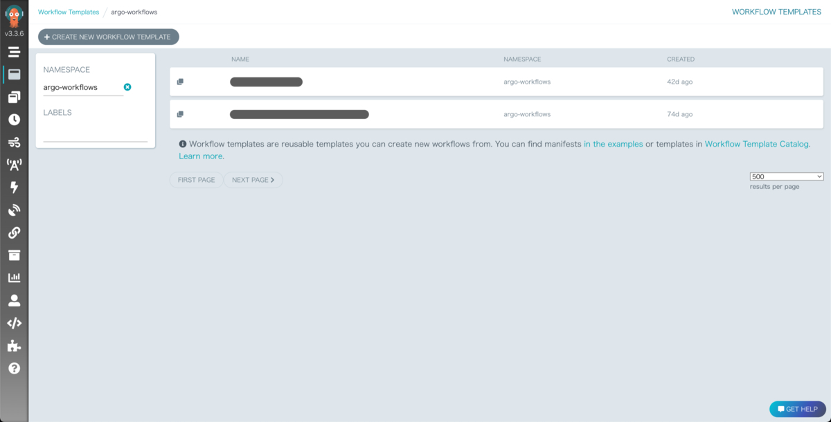 Argo Workflows WorkflowTemplate list screen