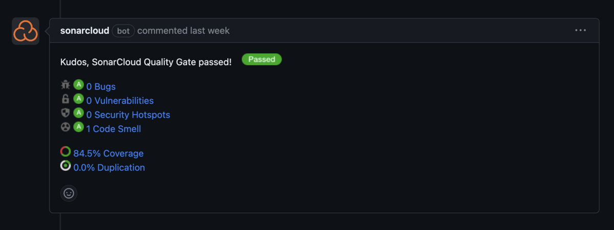 An example of the SonarCloud comment for GitHub PR