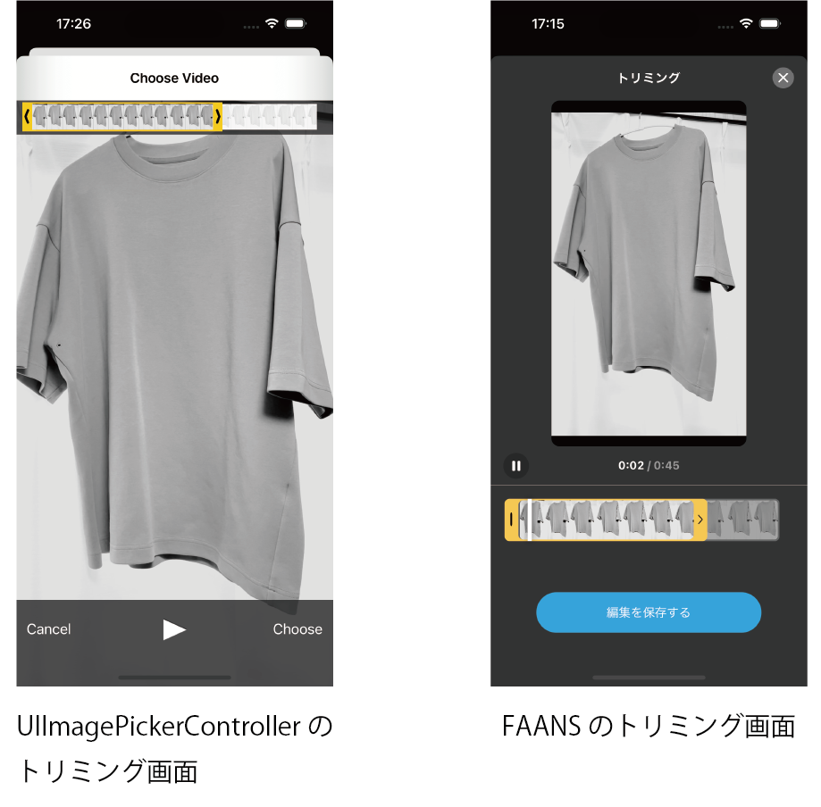 UIImagePickerControllerとFAANSにおけるトリミング画面の比較図