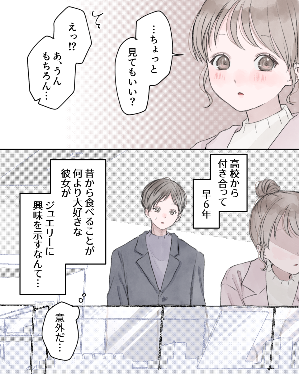 「…ちょっと見てもいい？」 「えっ⁉あ、うん、もちろん…」 ――高校から付き合って早6年。昔から食べることが何より大好きな彼女が、ジュエリーに興味を示すなんて…（意外だ…）