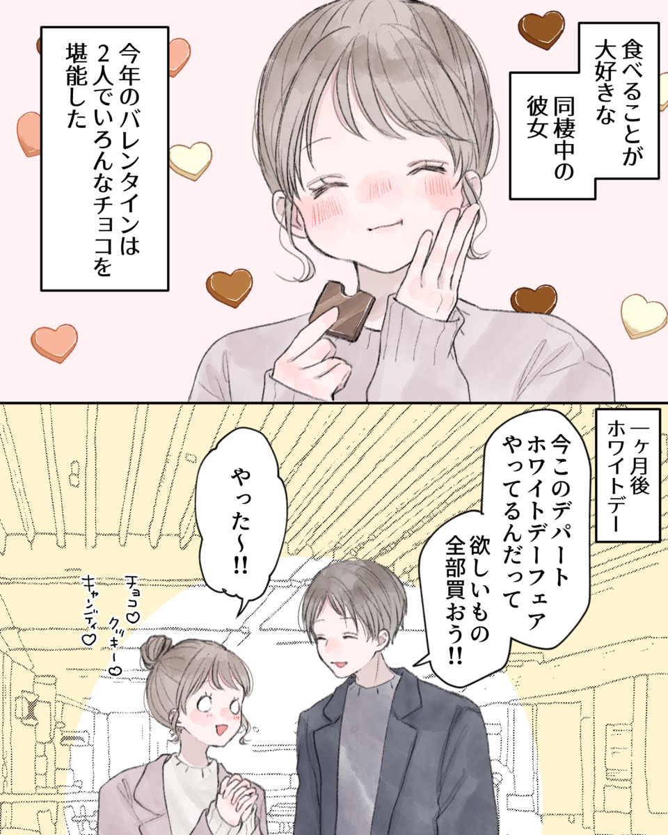 ――食べることが大好きな、同棲中の彼女。今年のバレンタインは、2人でいろんなチョコを堪能した。 ――一ケ月後、ホワイトデー。 「今このデパート、ホワイトデーフェアやってるんだって。欲しいモノ全部買おう!!」 「やった～!!」