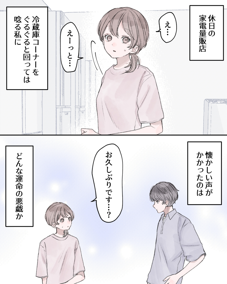 ――休日の家電量販店。 「え…えーっっと…」 ――冷蔵庫コーナーをぐるぐると回っては唸る私に、懐かしい声がかかったのは、どんな運命の悪戯か。 「お久しぶりです…？」
