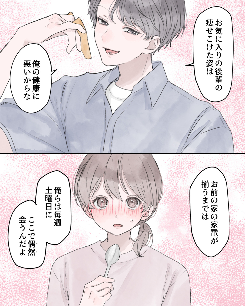 「お気に入りの後輩の瘦せこけた姿は、俺の健康に悪いからな」 「お前の家の家電が揃うまでは、俺らは毎週土曜日に、ここで偶然会うんだよ」