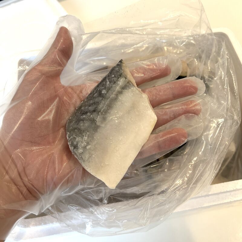 ふるさと納税で届いた無塩・骨取りさばの体側の切り身を手に取った様子