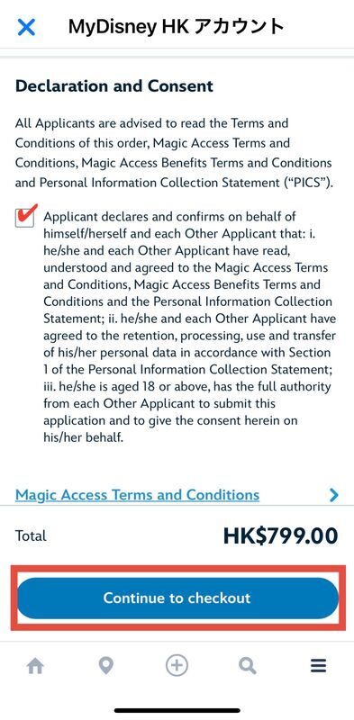 Declaration and Consent にチェックを入れ、Continue to checkout で決済画面へ進む画面
