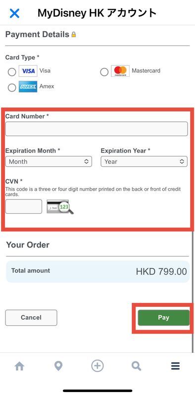 Billing Information の必須項目を入力し、Pay ボタンで決済する画面