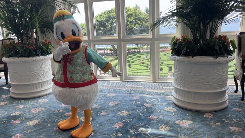 香港ディズニーランドホテルの太極拳で写真撮影後手を振ってくれるドナルドダック