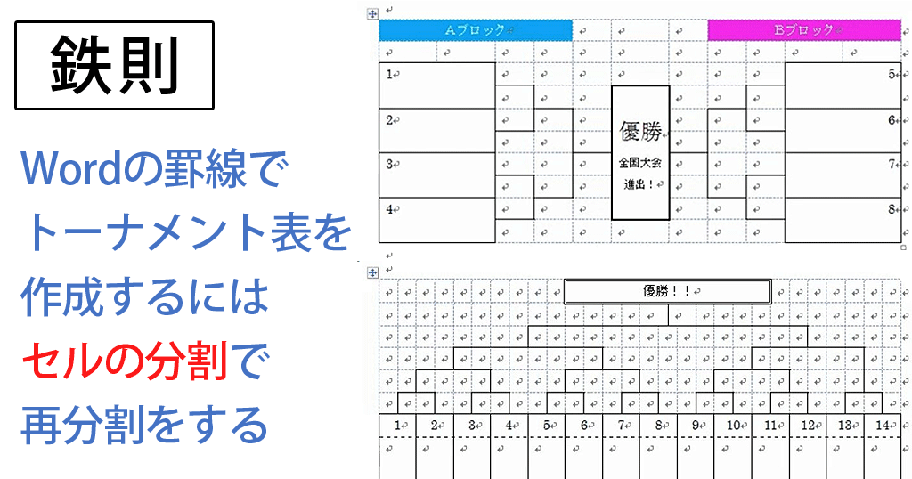 Wordの罫線でトーナメント表を作成するにはセルの分割で再分割をする わえなび ワード エクセル問題集