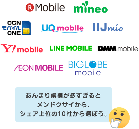 f:id:waka-ru:20181011130626p:plain あんまり候補が多いとメンドクサイから、シェア上位の10社から選ぼう。