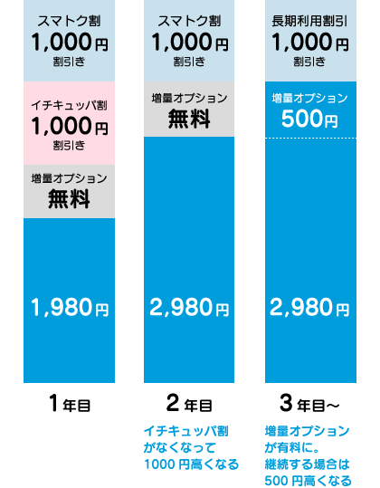 f:id:waka-ru:20181018112606p:plain 2年目はイチキュッパ割がなくなって千円高く、3年目は増量オプションが有料になって500円高くなる