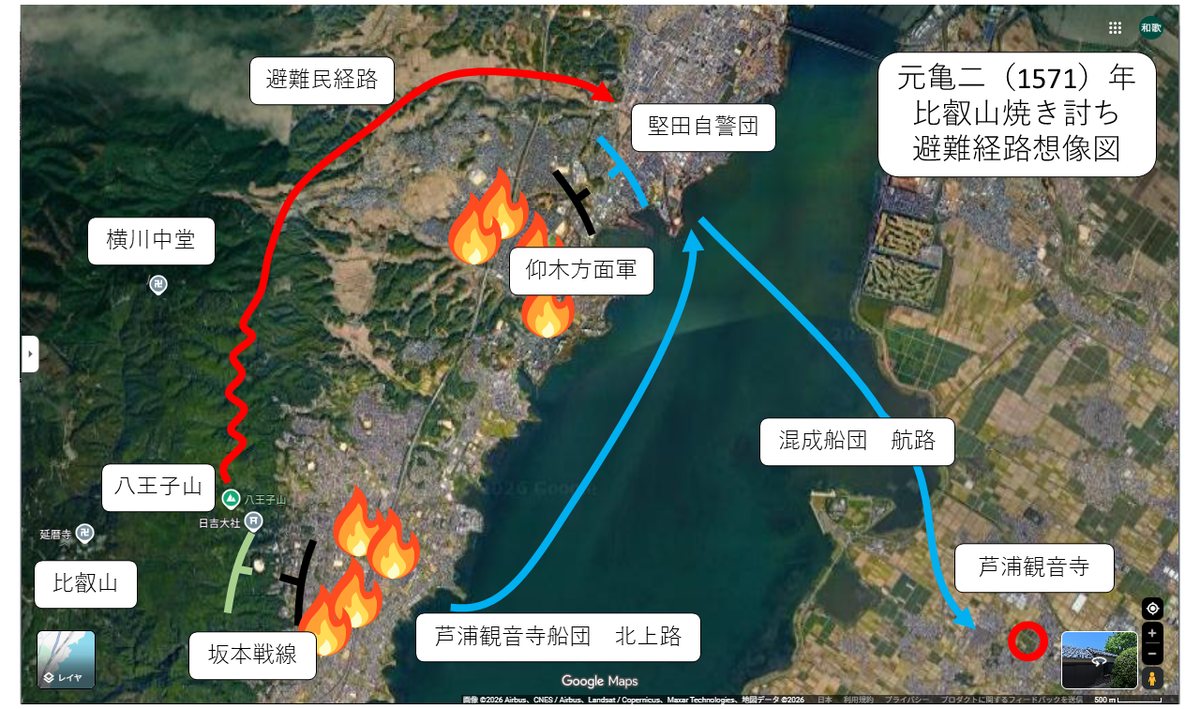 元亀二年(1571年)九月 比叡山焼き討ち避難経路想像図