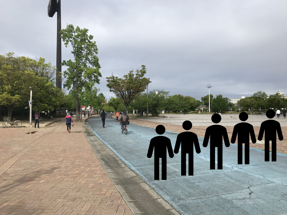 5人が等間隔で道幅いっぱい横に並んで歩く