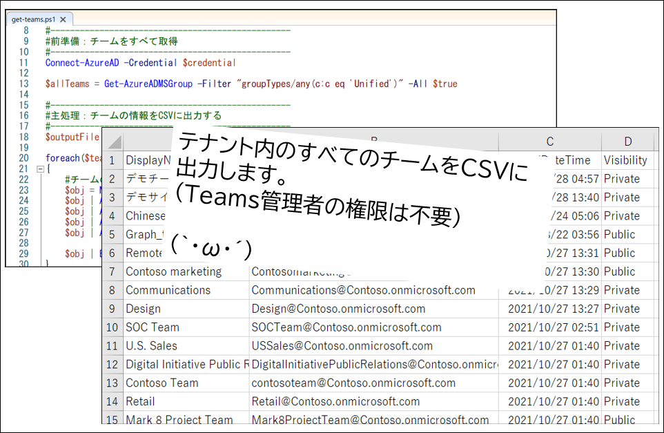 Teams管理者権限なしでテナント内のチーム一覧をCSVに出力する