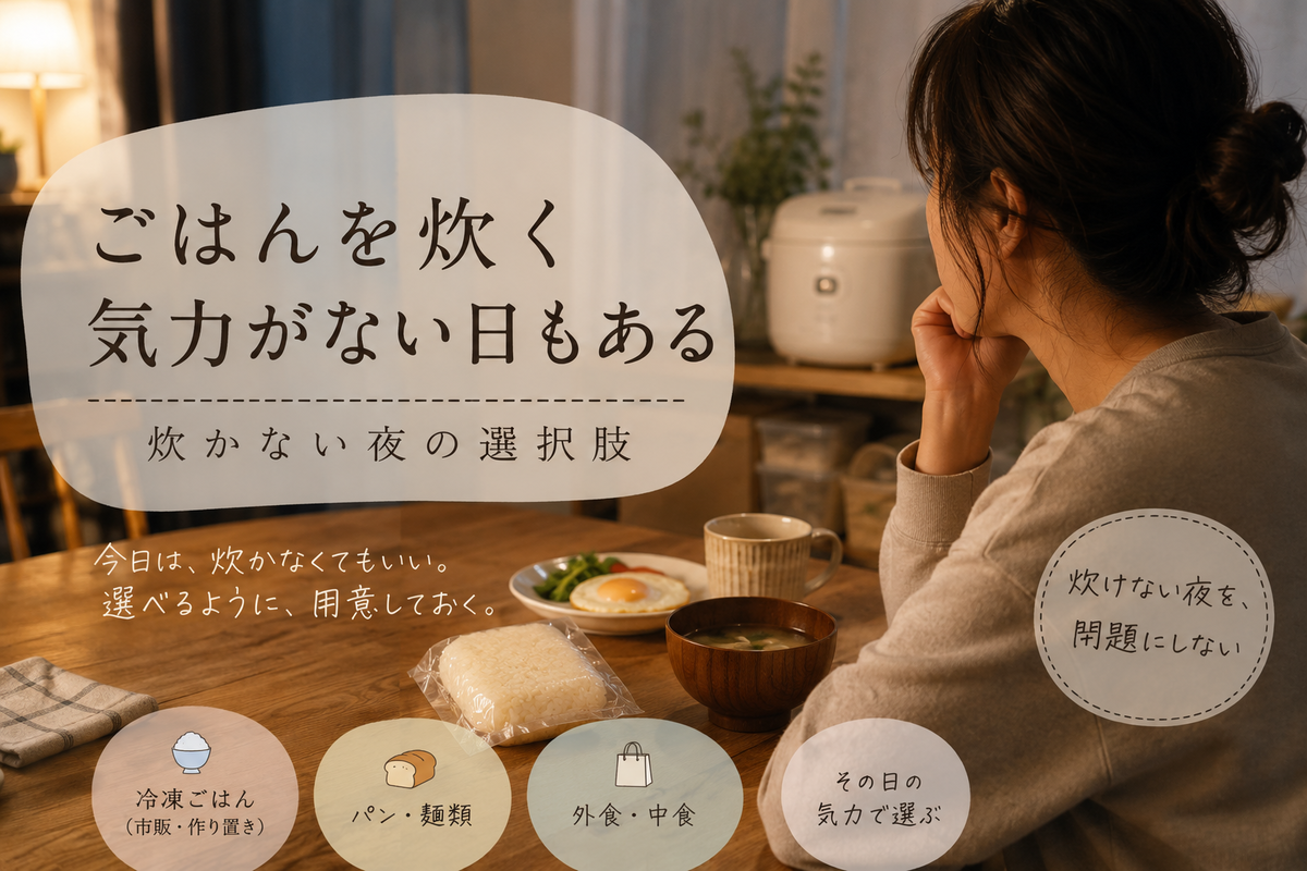 ごはんを炊く気力がない夜に、冷凍ごはんや味噌汁を前に静かに座る暮らしのアイキャッチ画像