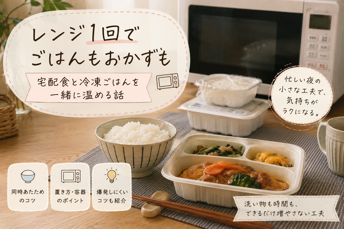 帰宅後の夜に、宅配食と冷凍ごはんを同時に温めている食卓のアイキャッチ。レンジ1回でごはんを整える暮らしの風景