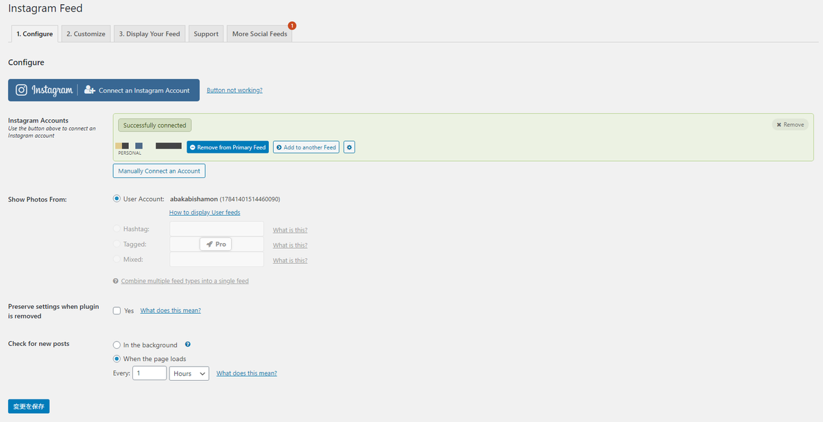 ワードプレス「Smash Balloon Social Photo Feed」連携後設定画面