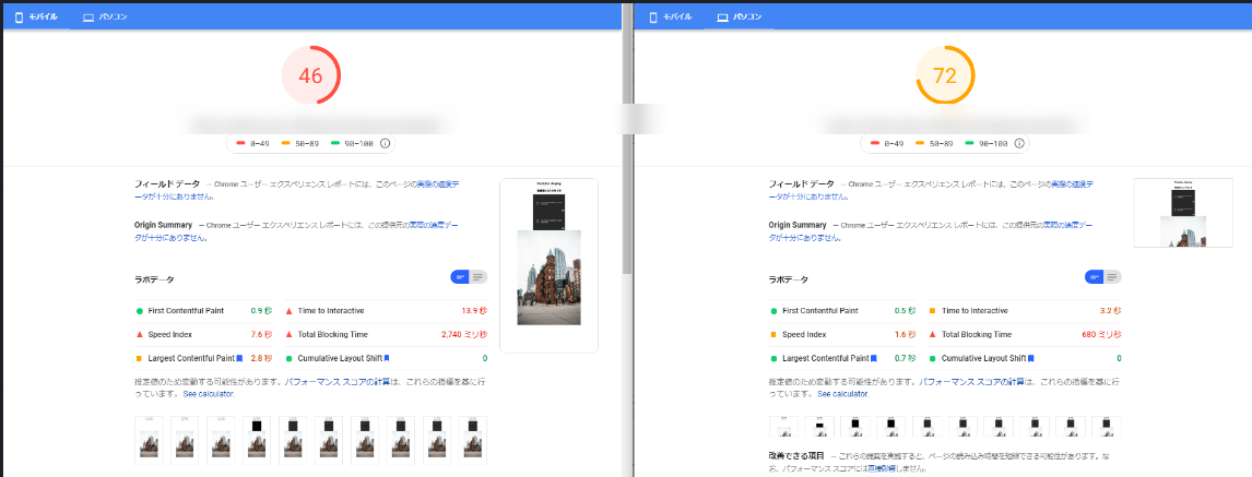 Youtube動画を埋め込んだサイトのページ速度測定結果