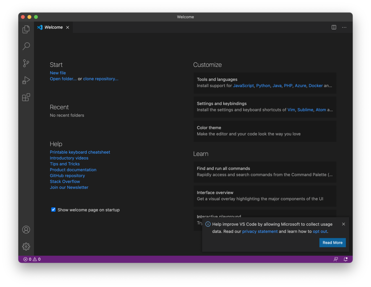 VisualCodeStudioインストール直後の言語設定、英語表示画面
