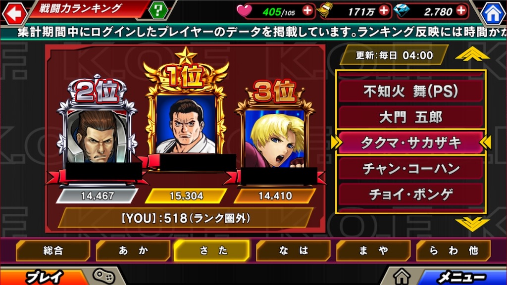 Kofクロニクル 戦闘力ランキング タクマ サカザキ ラッキーのゲーム雑記