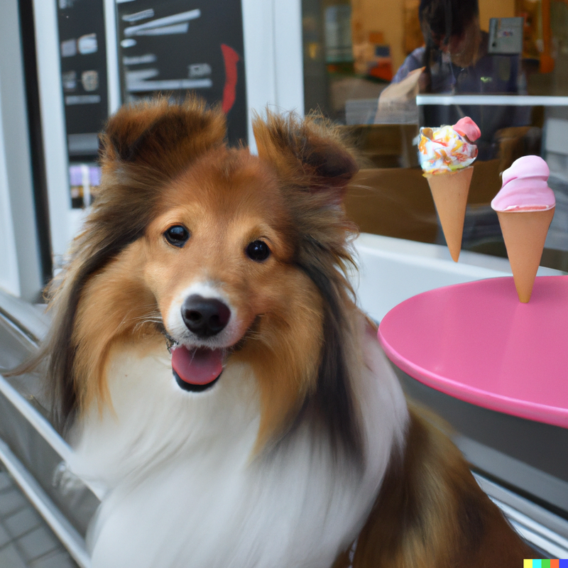Sheltie with a smile in front of the ice cream shop