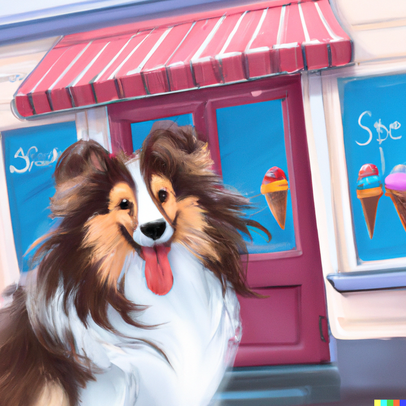 Sheltie with a smile in front of the ice cream shop