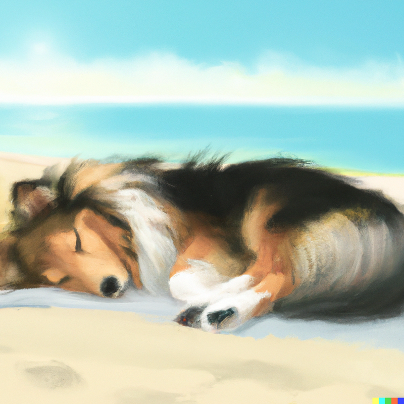 Sheltie sleeping on the beach