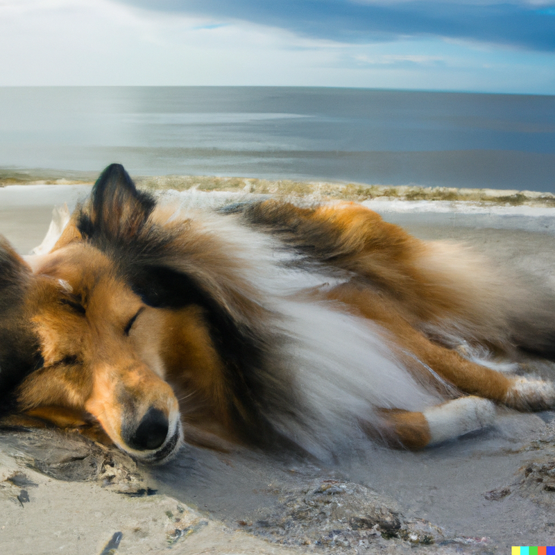 Sheltie sleeping on the beach