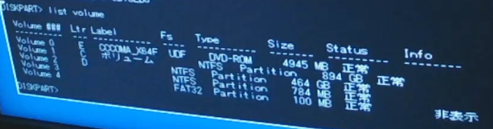 list volumeと打って出て来た画面。Volume 0から4まであり、0, 1, 2にはそれぞれE、C, Dのアルファベットが割り当てられている。