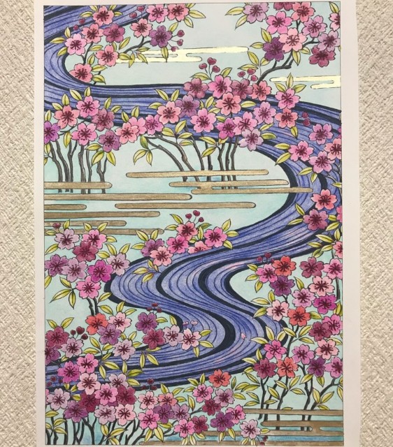 季節の塗り絵 塗り絵でお花見 その３ 水辺の桜の和柄 桜まつり 塗り絵をめぐる冒険