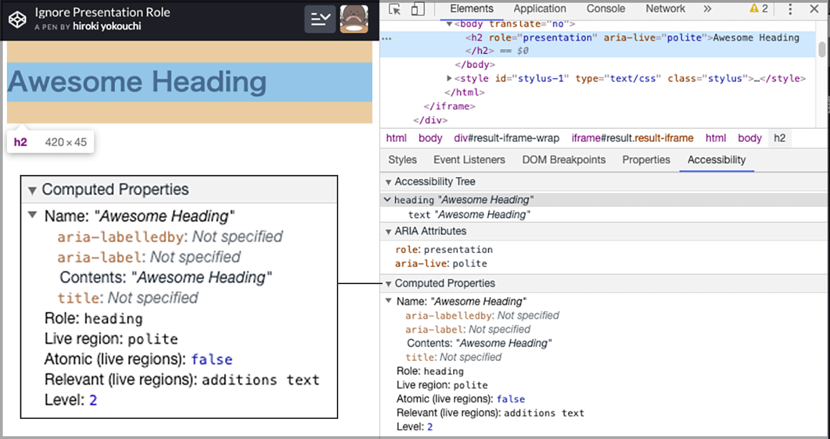"presentation"、aria-live="polite" が指定された h2 要素を ChromeのDevTools でアクセシビリティペイン通して見ると、role に heading が設定されている。
