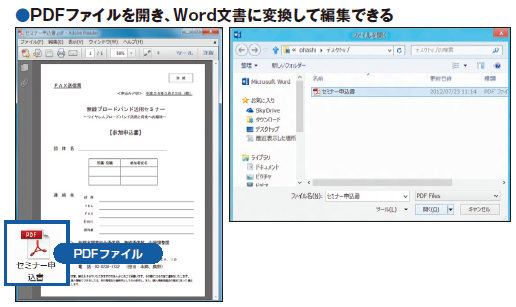 図1 これまでPDF形式の文書をWord形式に変換したり、編集したりするには、Adobe Acrobatなど別のPDF編集ソフトが必要だった。Word 2013は、「ファイル」タブの「開く」からPDFファイルを選ぶと、自動的にWord形式に変換して読み込める