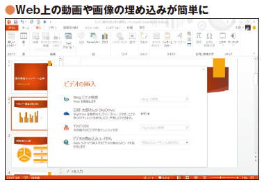 図9　Word 2013と同様、PowerPoint 2013も、Web上の動画や画像を簡単に埋め込めるようになった